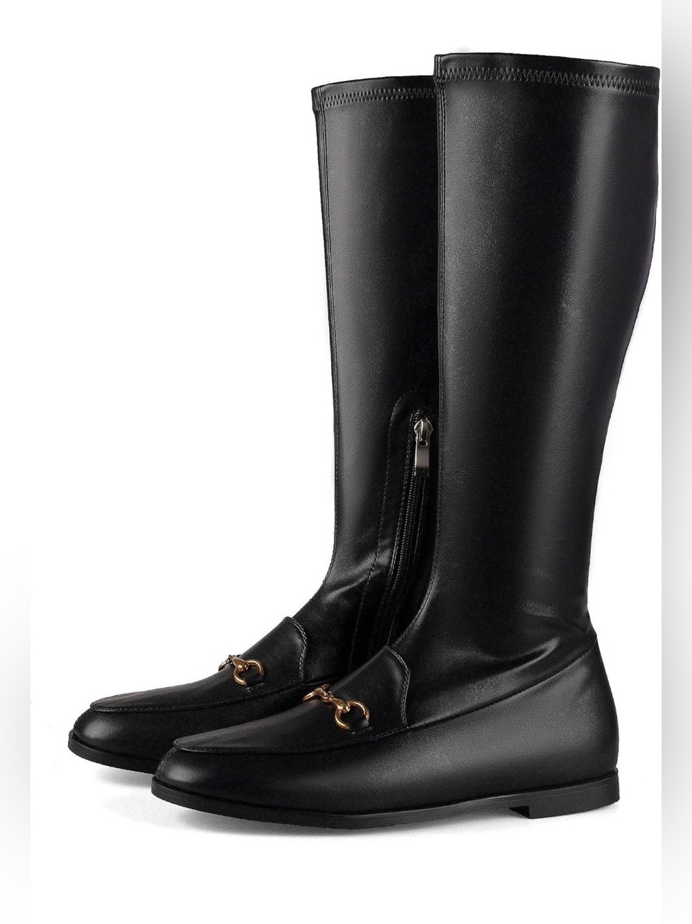 Knee High Boots for Women Almond Toe Buckle Boots Faux Leather Elastic Boot Side